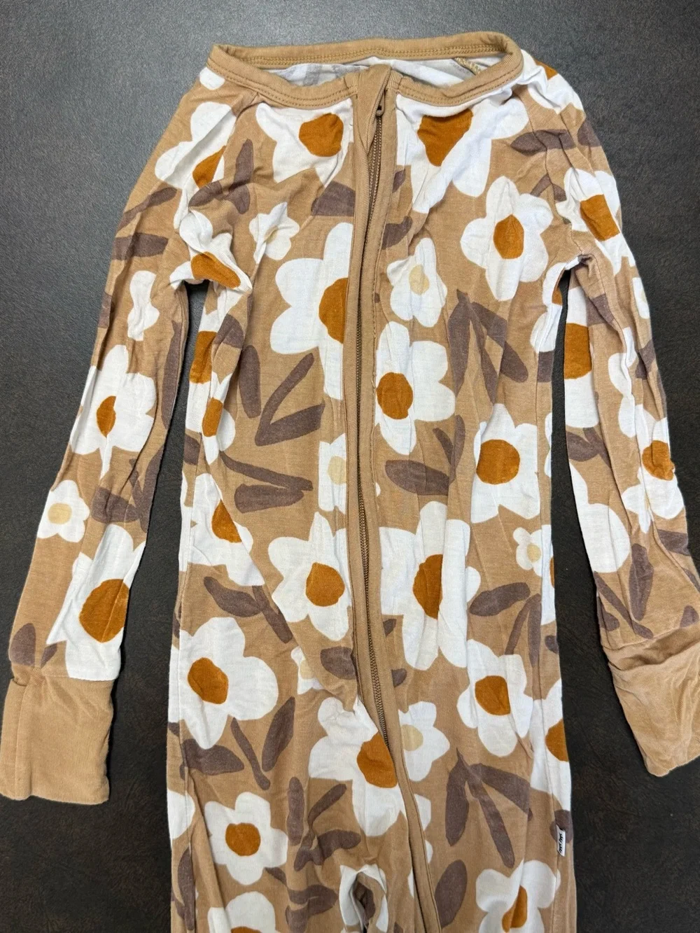 Little Sleepies Tan Floral Zipper Footie Pajamas with White & Gold Flowers